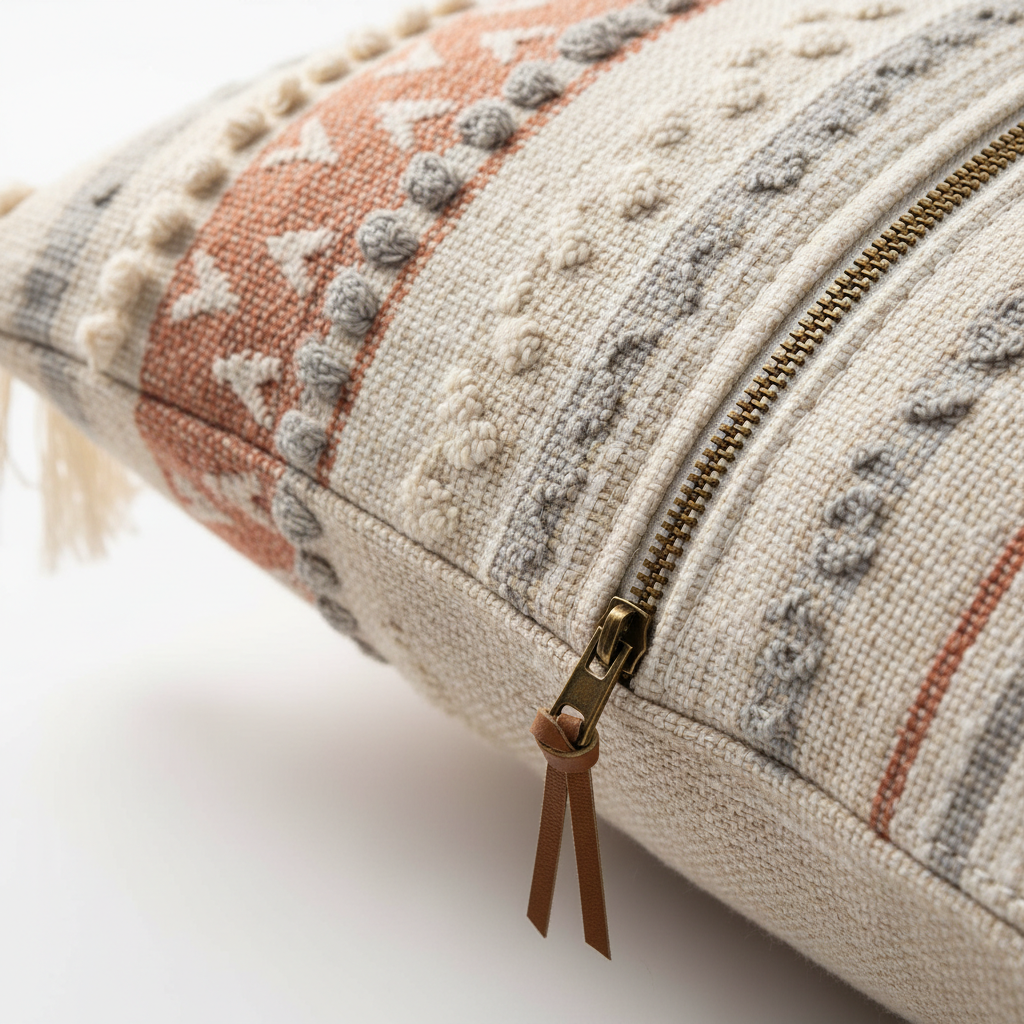 Close-up of outdoor pillow cover fabric showing textured weave and zipper