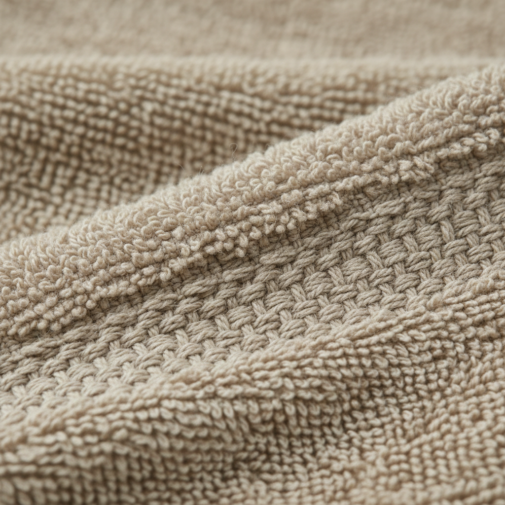 Close-up of cotton towel texture showing terry loops and weave