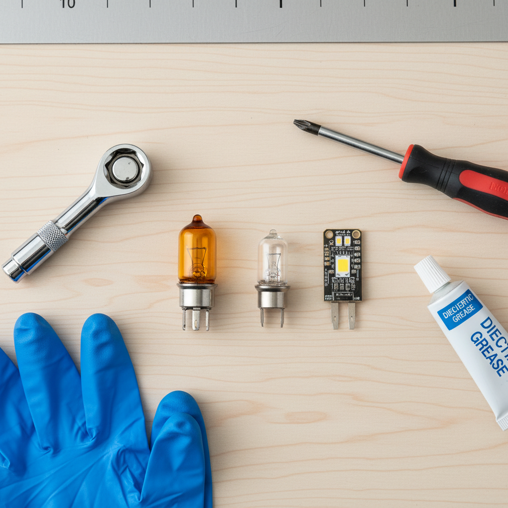 Turn signal bulb types and basic hand tools laid out for replacement