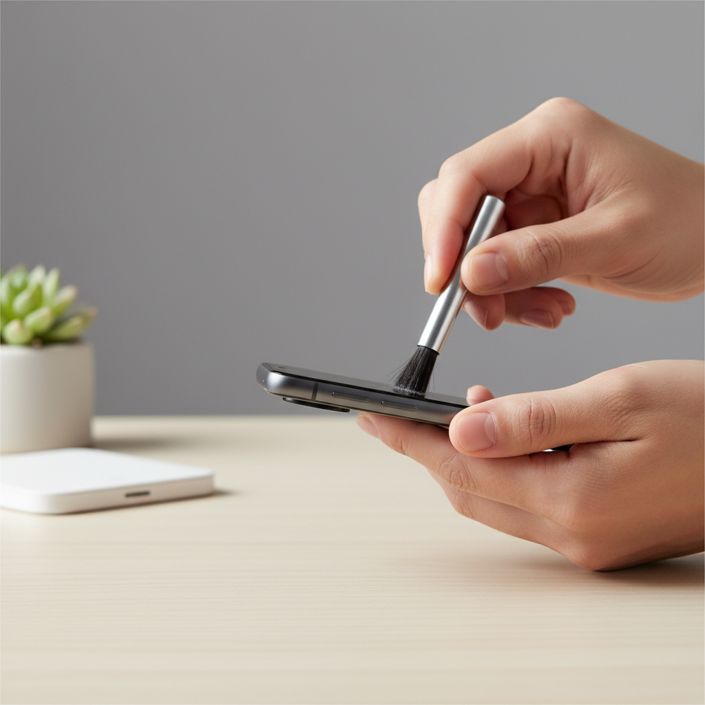 Cleaning Android phone speaker grille with a soft brush