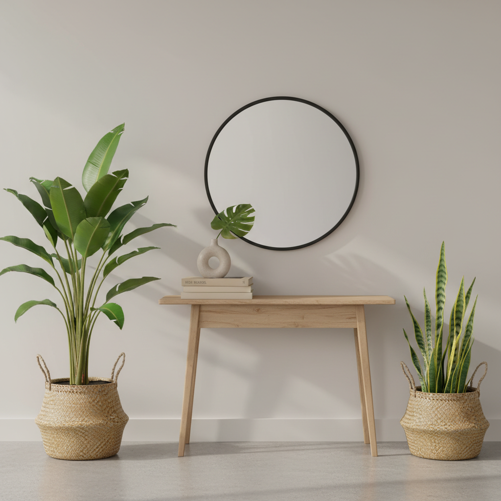 Modern entryway with tall tropical plants and woven basket planters