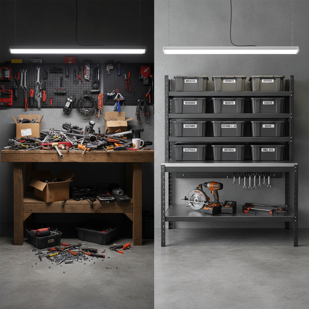 Messy garage workbench with scattered tools versus organized bins and labels