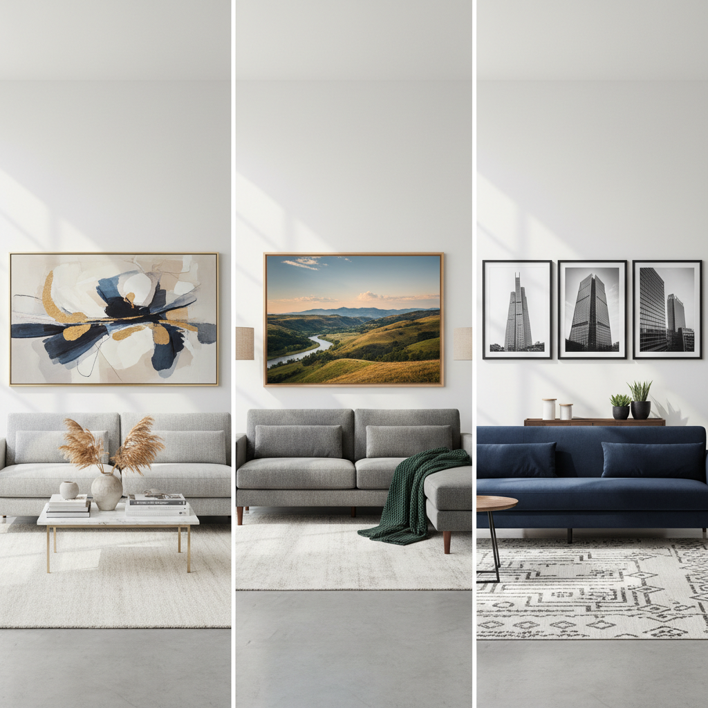 Comparison of abstract, landscape, and photography wall art prints in a modern living room