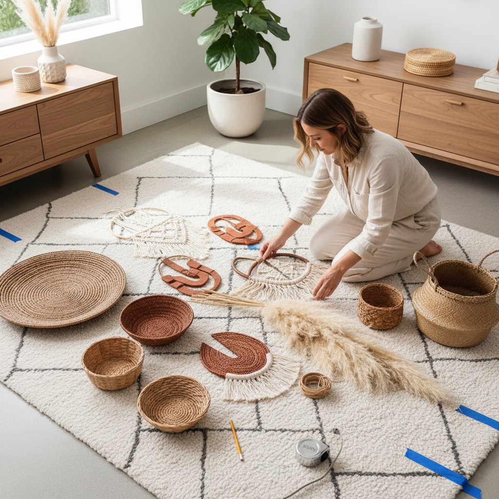 Boho basket wall decor arrangement layout planning on the floor