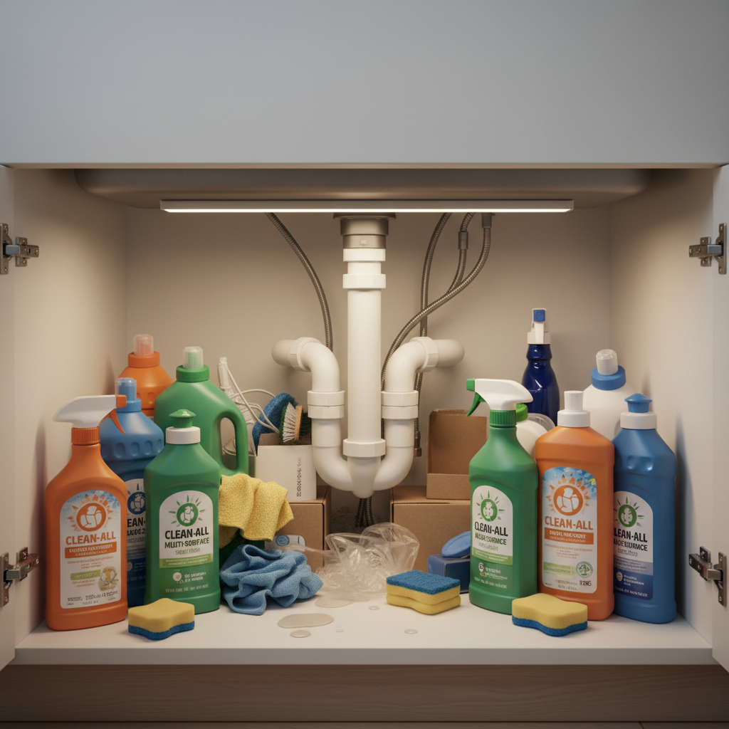 Messy under-sink cabinet with cleaning bottles and clutter before organizing