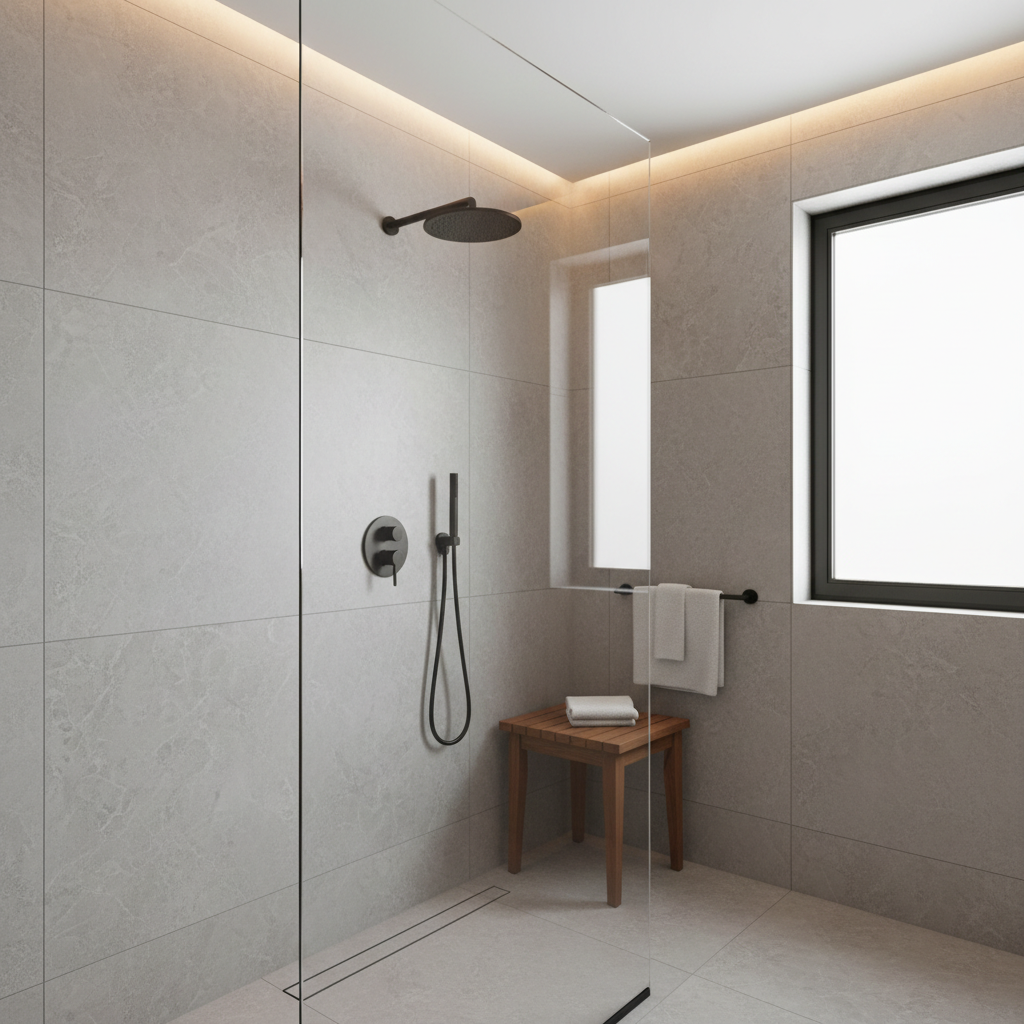 Modern walk-in shower with large-format porcelain wall tile and minimal grout lines