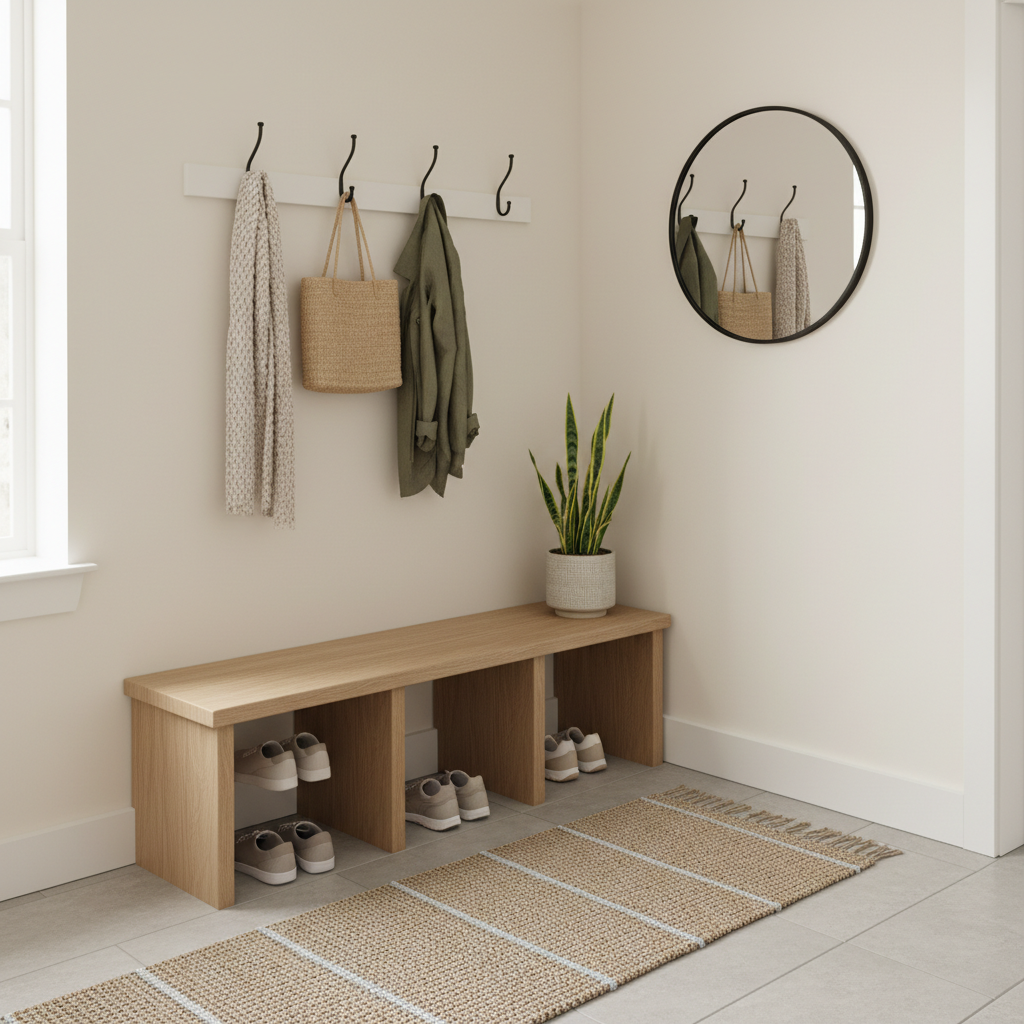 Small entryway mudroom corner with bench and shoe storage in a modern home