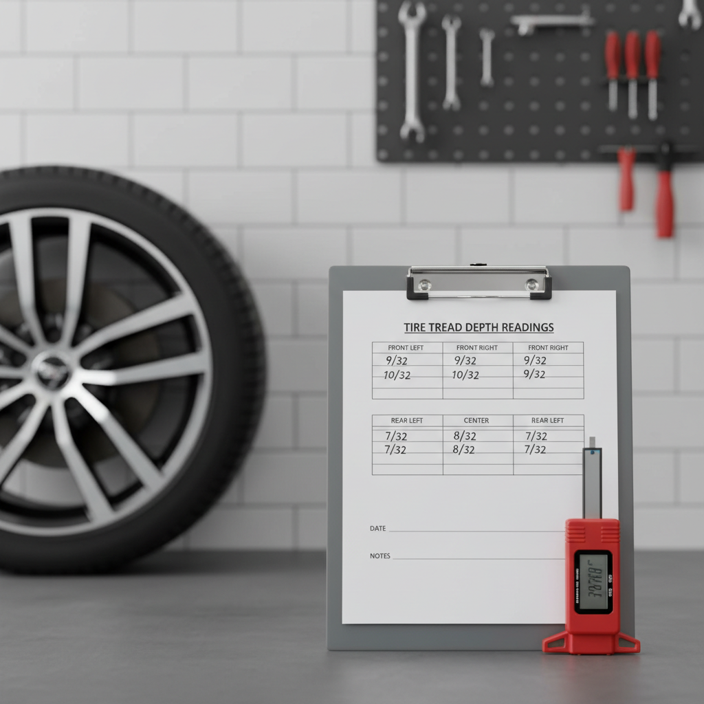 Notebook-style log of tire tread depth readings for all four tires