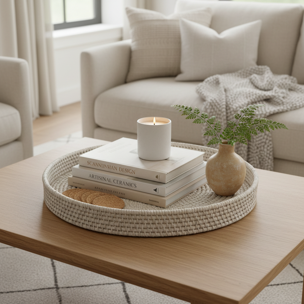 Coffee table tray styling formula with books candle and greenery in a neutral home
