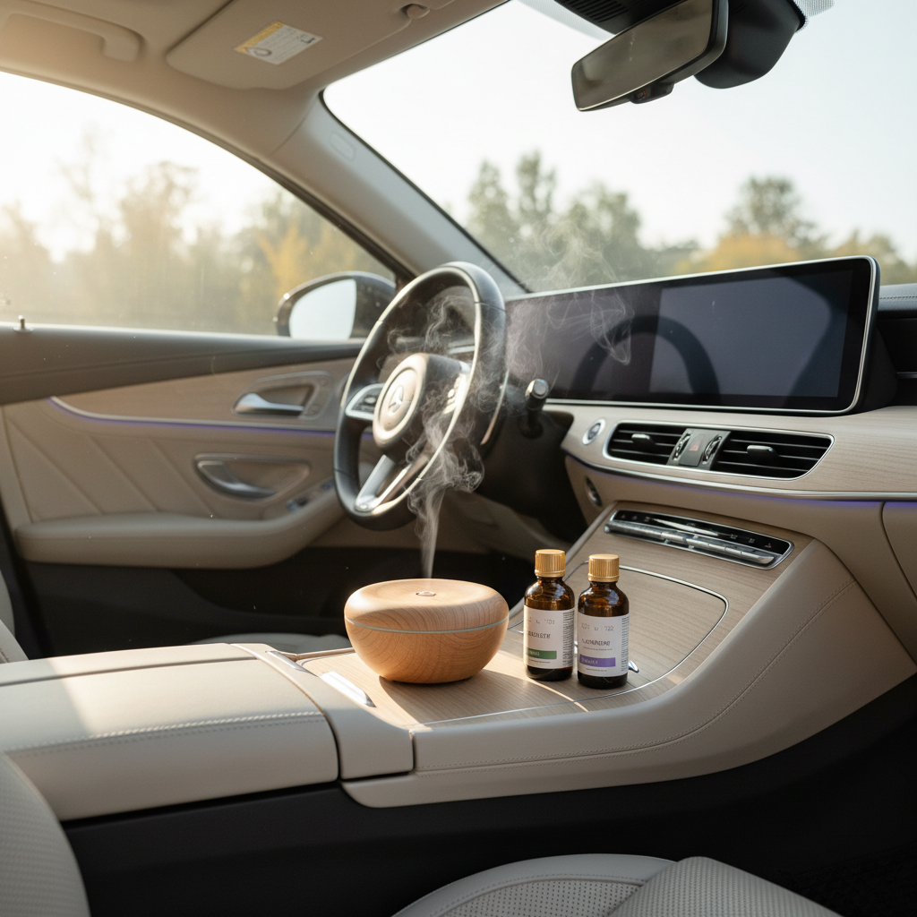 Minimal natural car scent setup with essential oils and wooden diffuser