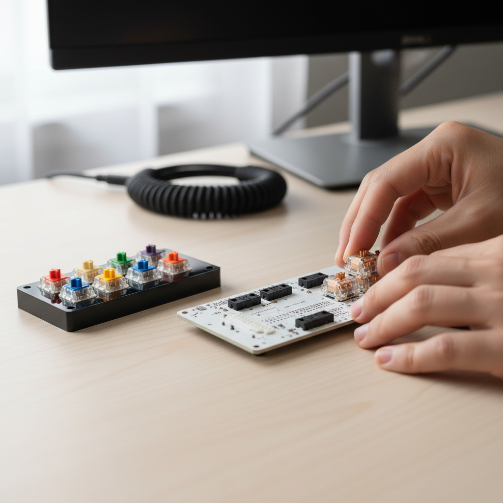 Hands testing mechanical keyboard switches on a hot-swap PCB before buying full set