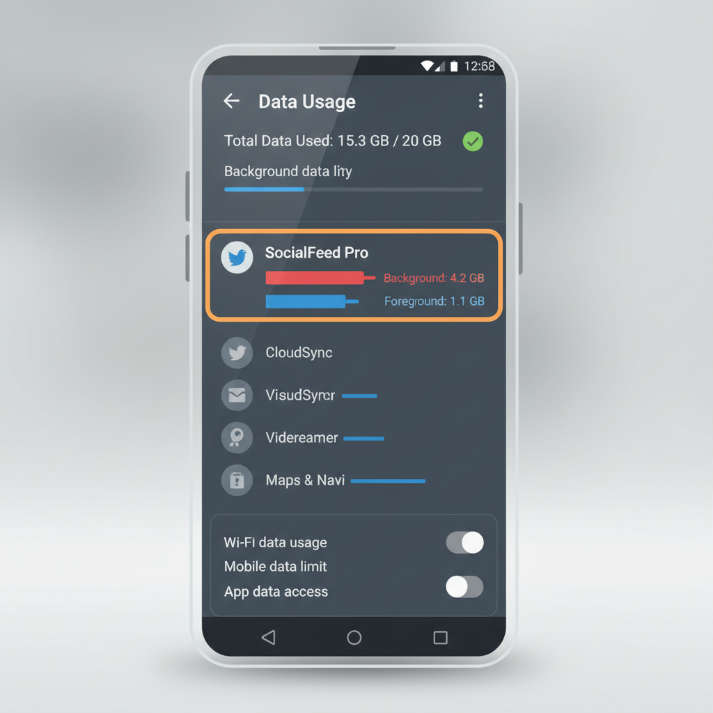 Android data usage list highlighting an app consuming background data
