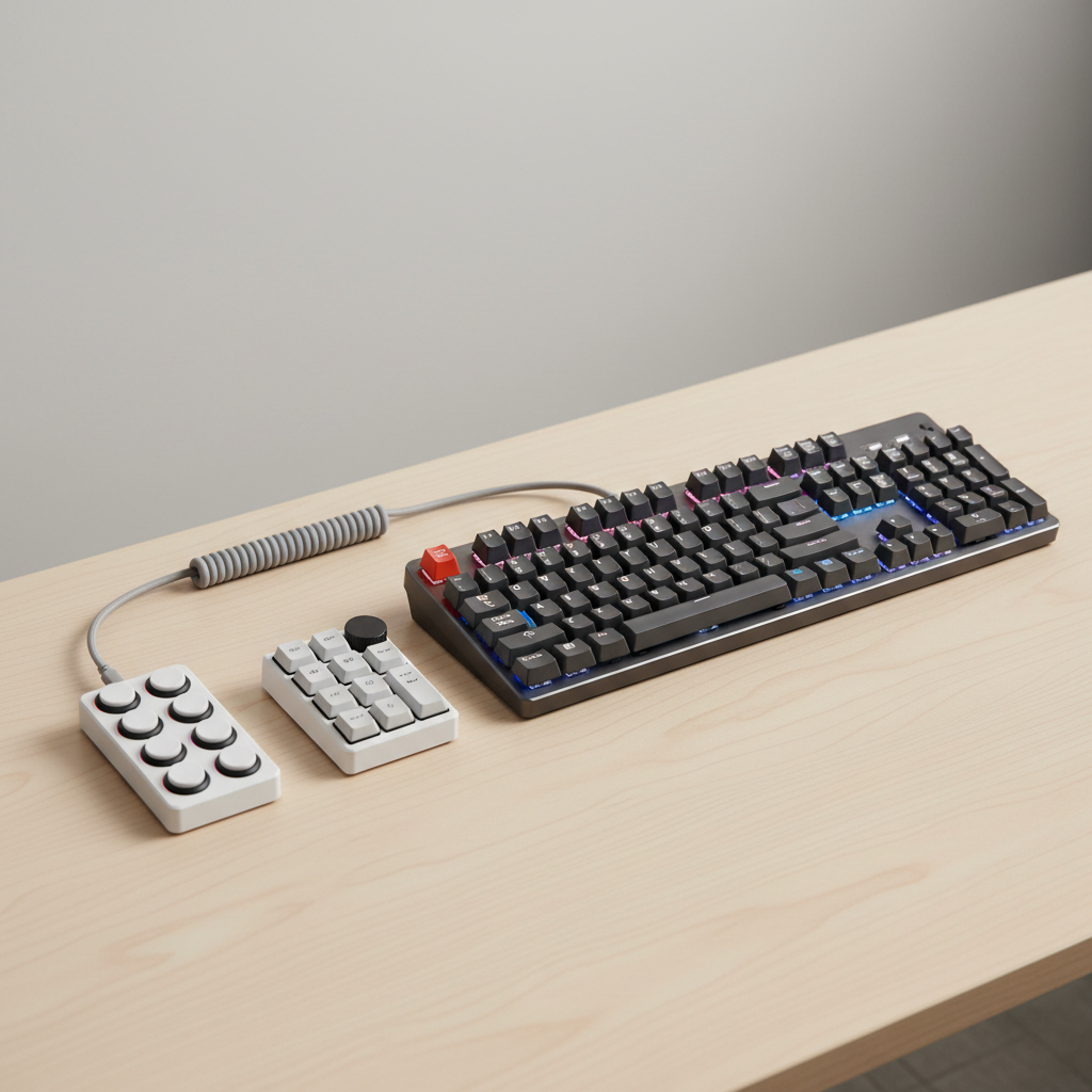 Comparison setup of a mechanical numpad and a macro pad beside a full-size keyboard