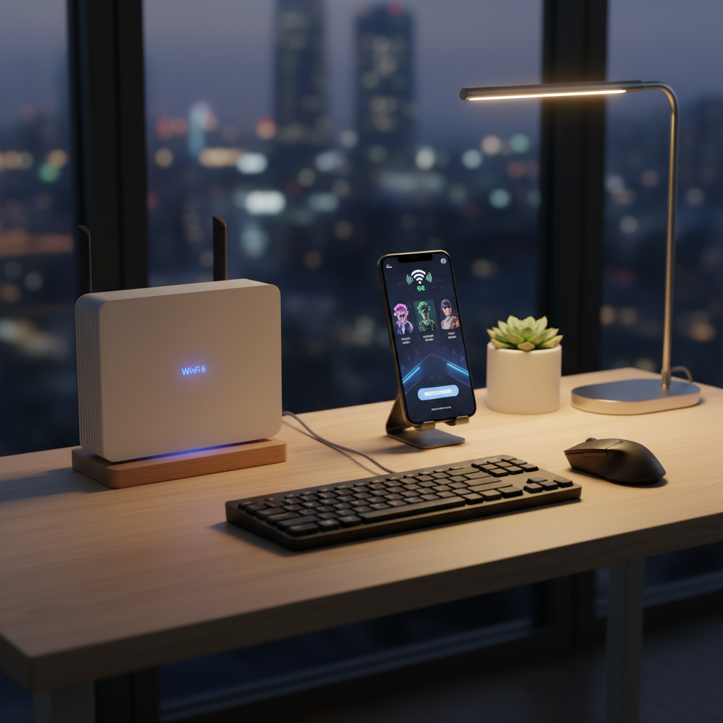 Mobile gaming network setup with Wi-Fi 6 router and Android phone