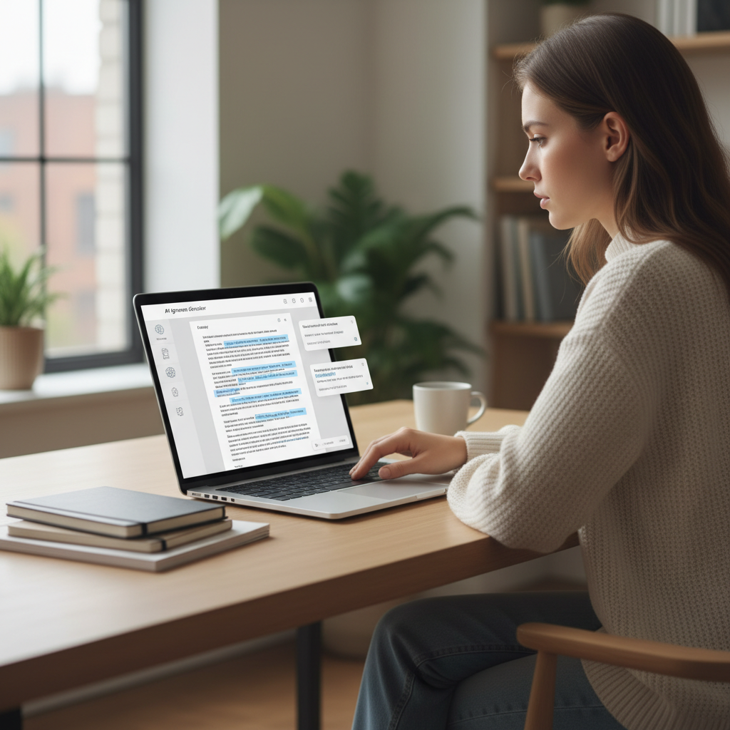 Student revising an essay with an AI grammar checker on a laptop