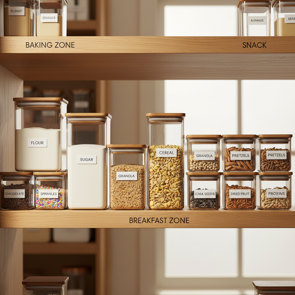 Pantry zoning with labeled stackable containers arranged by category