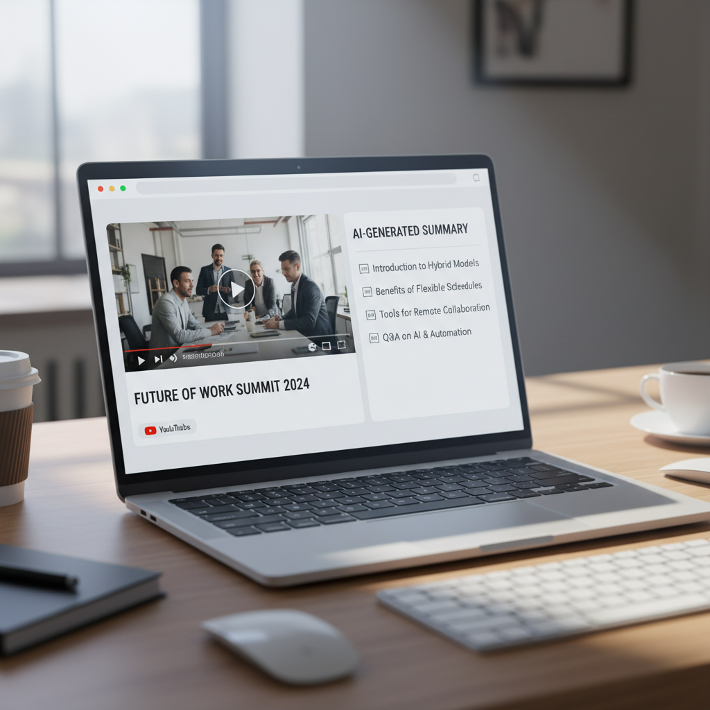 AI summarizer turning a YouTube video into bullet notes and timestamps