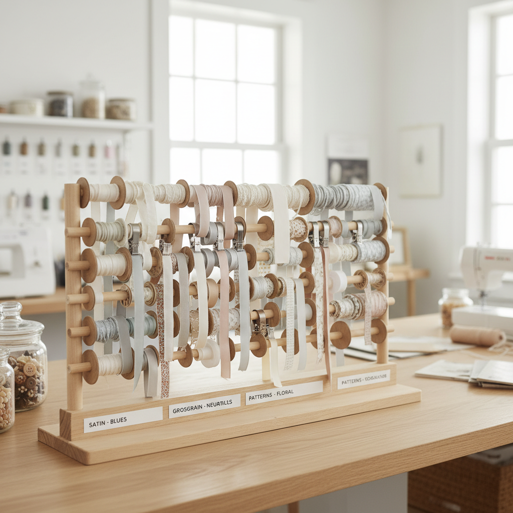 Ribbon organizer with spools on dowels and clipped ribbon ends