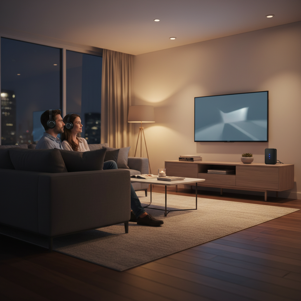Two people watching TV with dual Bluetooth headphones using a budget transmitter