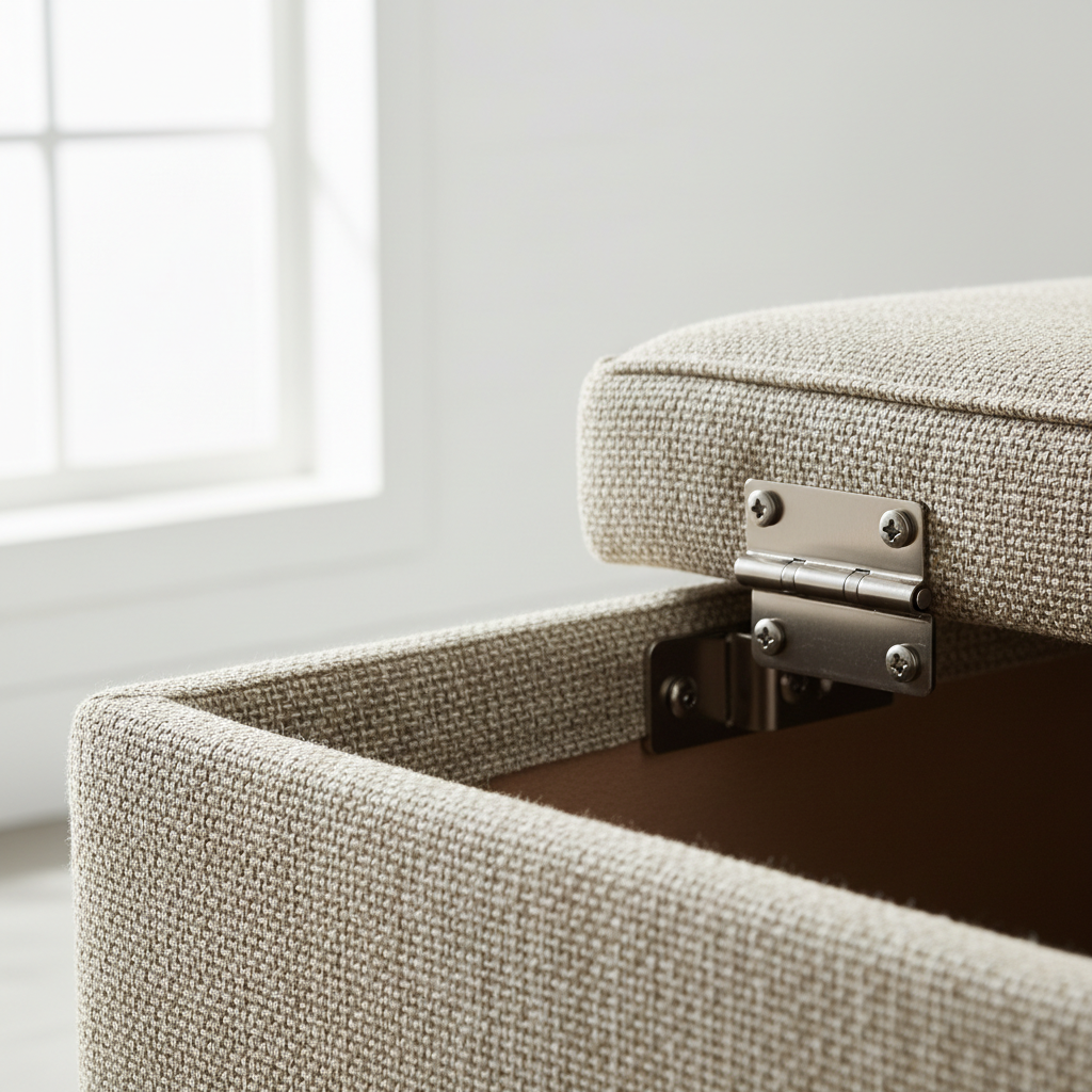 Close-up of fabric weave and hinge detail on a storage ottoman