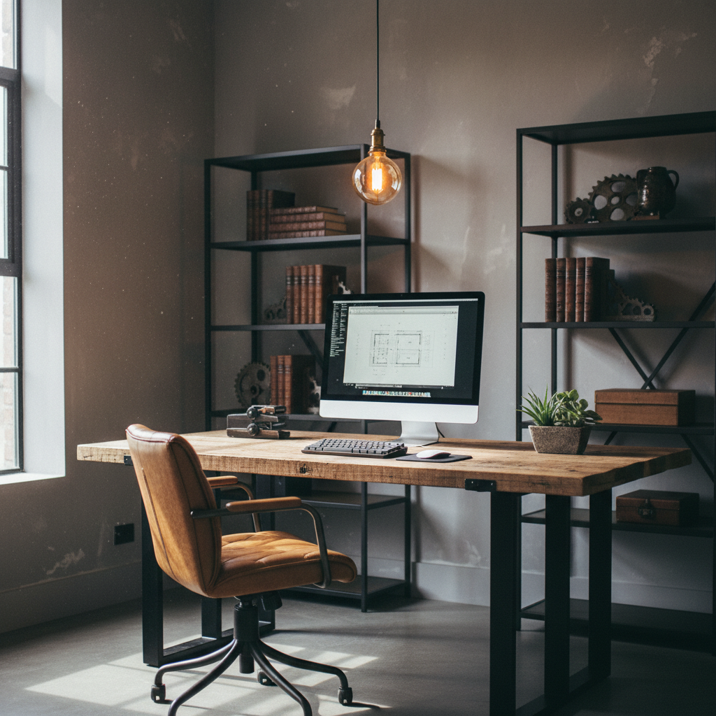 Vintage industrial home office workspace with wood desk and black metal shelving