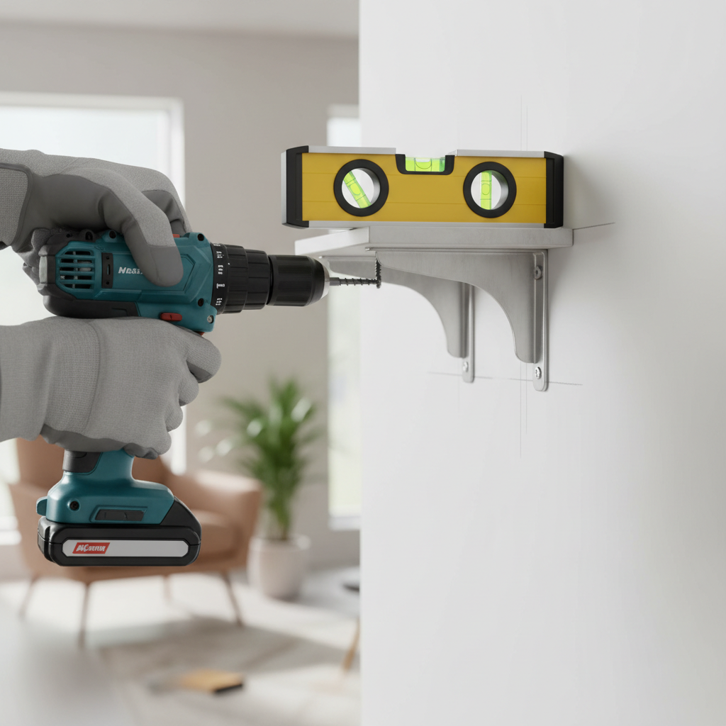 Floating shelf bracket installed into wall studs with level and drill