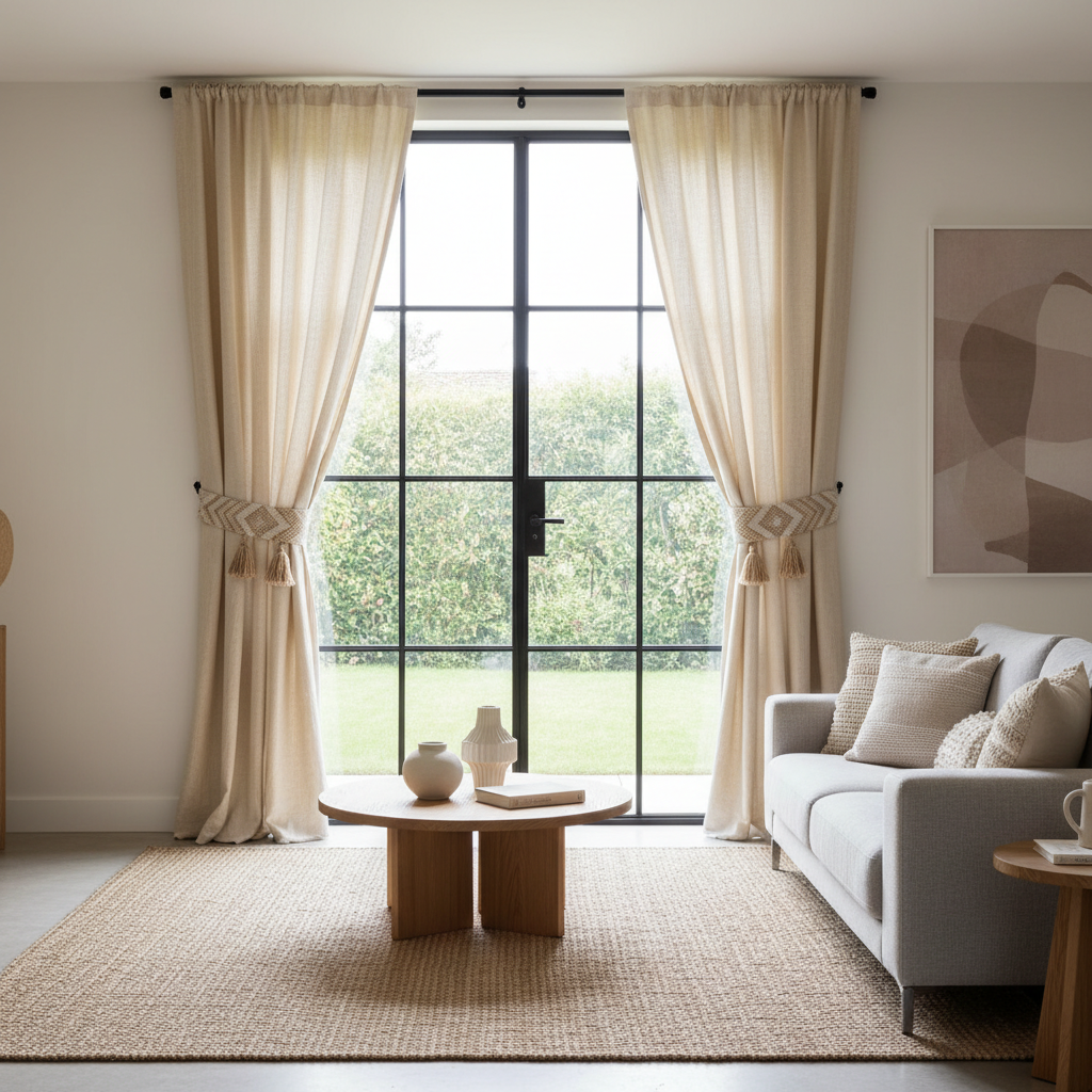 DIY fabric curtain tie backs holding curtains at the right height for window decor