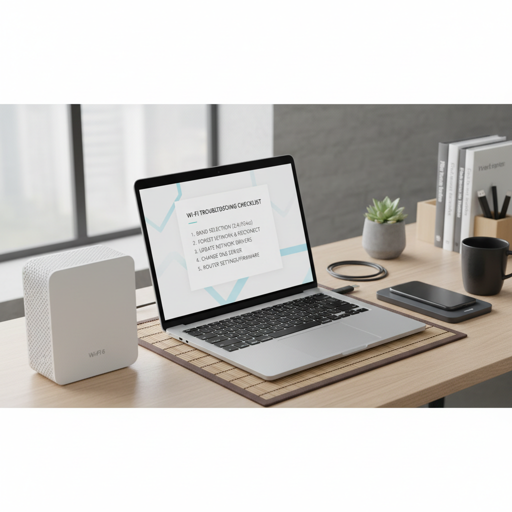Step-by-step WiFi troubleshooting checklist on a laptop next to a router