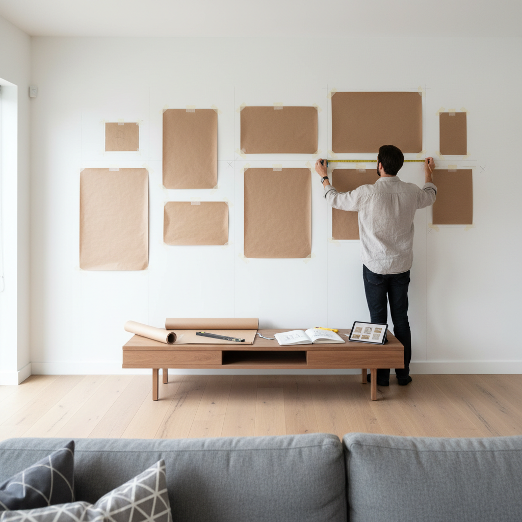 Paper templates taped on wall to plan a framed photo gallery arrangement