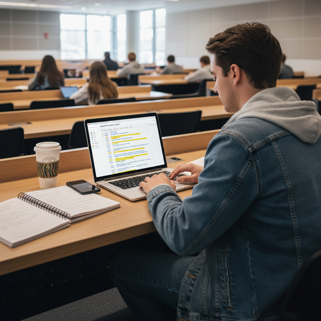 College student using an AI note taking app during a lecture on a laptop