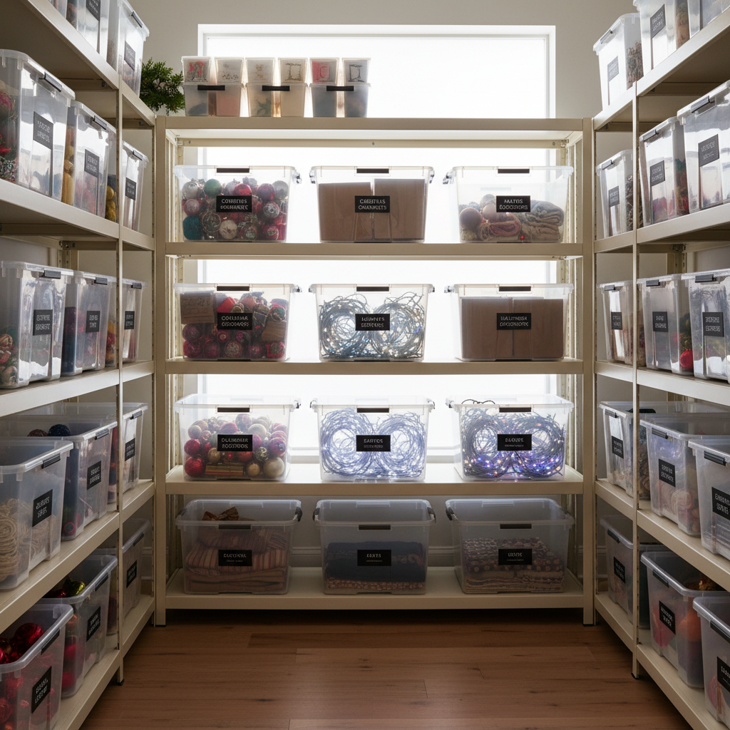 Organized holiday decorations in clear labeled storage bins on shelving