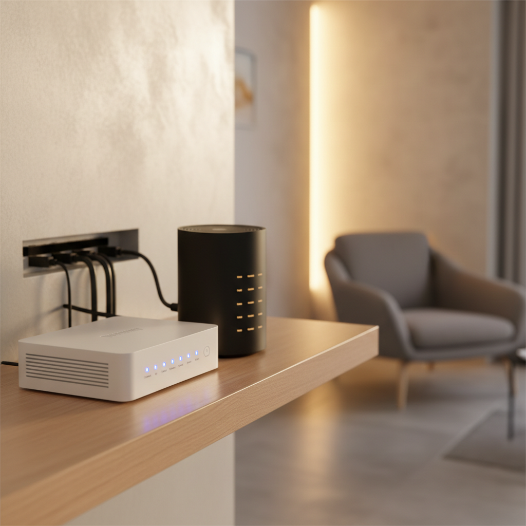 Home Wi‑Fi router and modem with status lights for troubleshooting no internet access