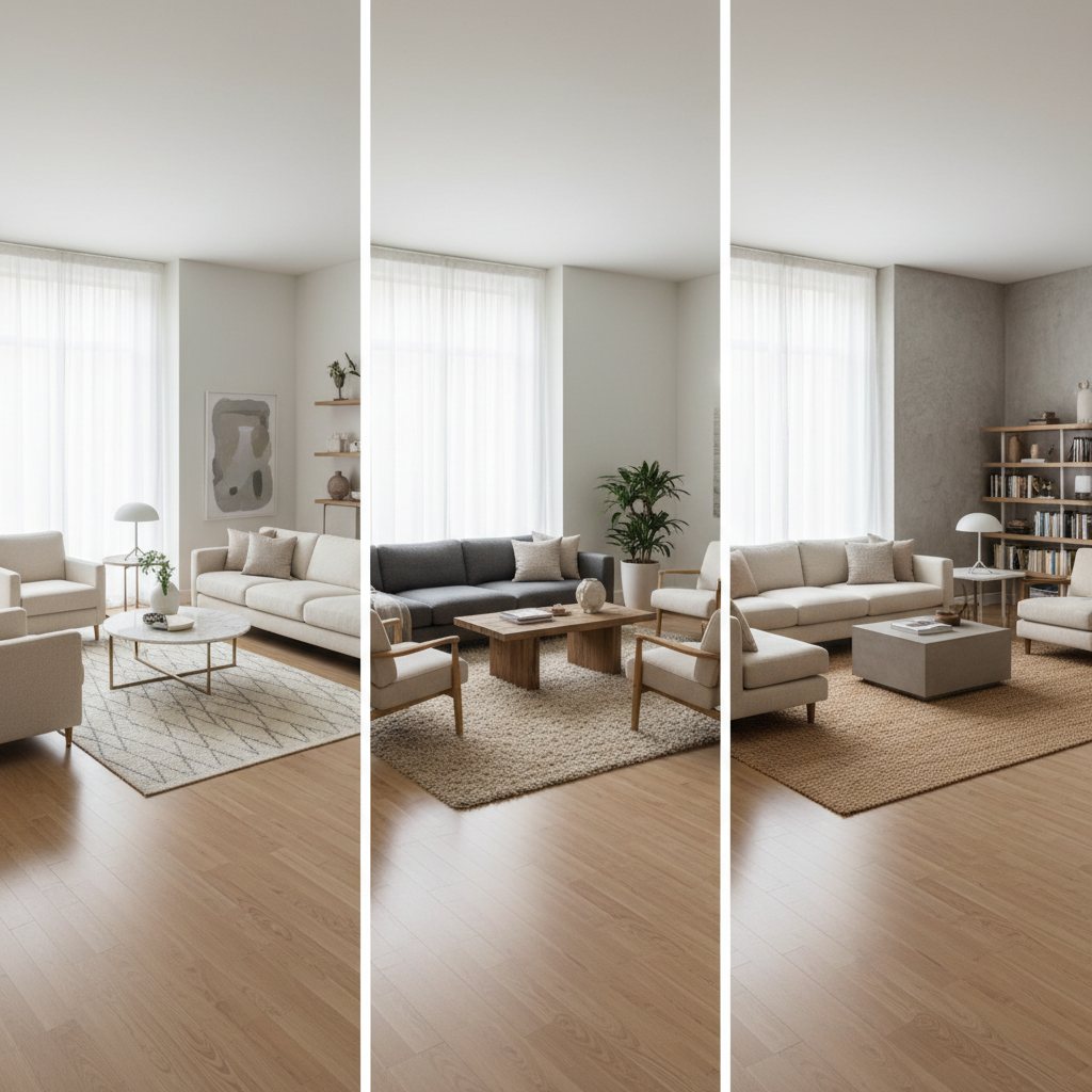 Living room rug size zones showing furniture placement options
