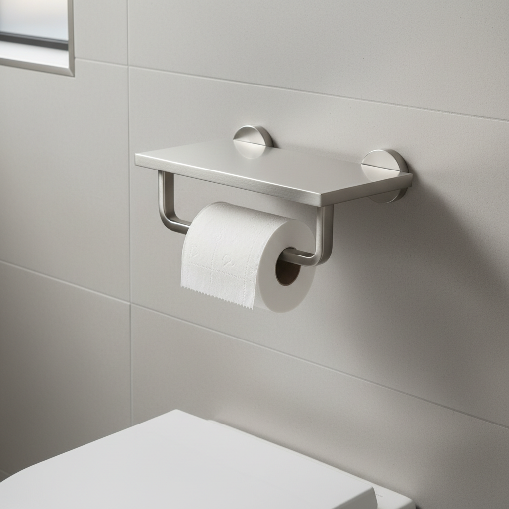 Screw-mounted toilet paper holder with shelf installed level on a bathroom wall