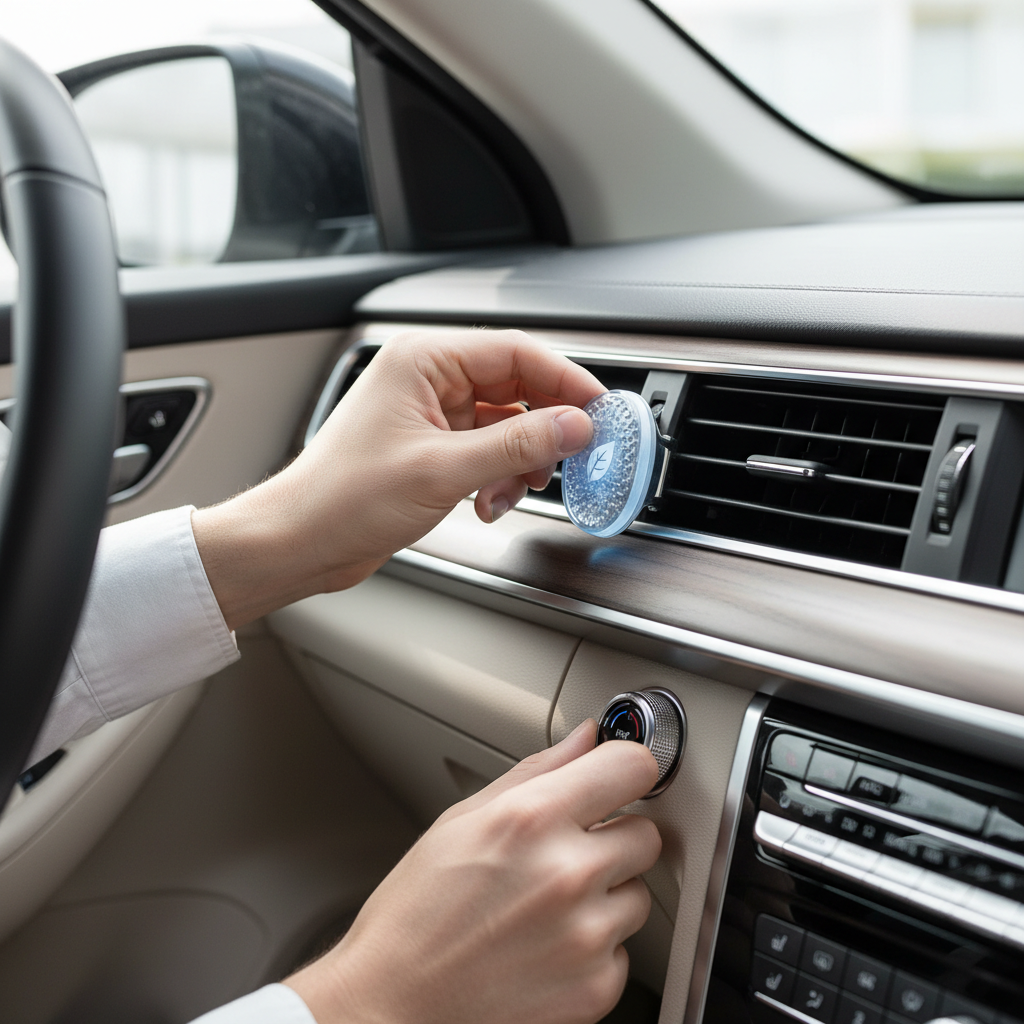 Driver adjusting car vent airflow and placing vent clip for balanced scent