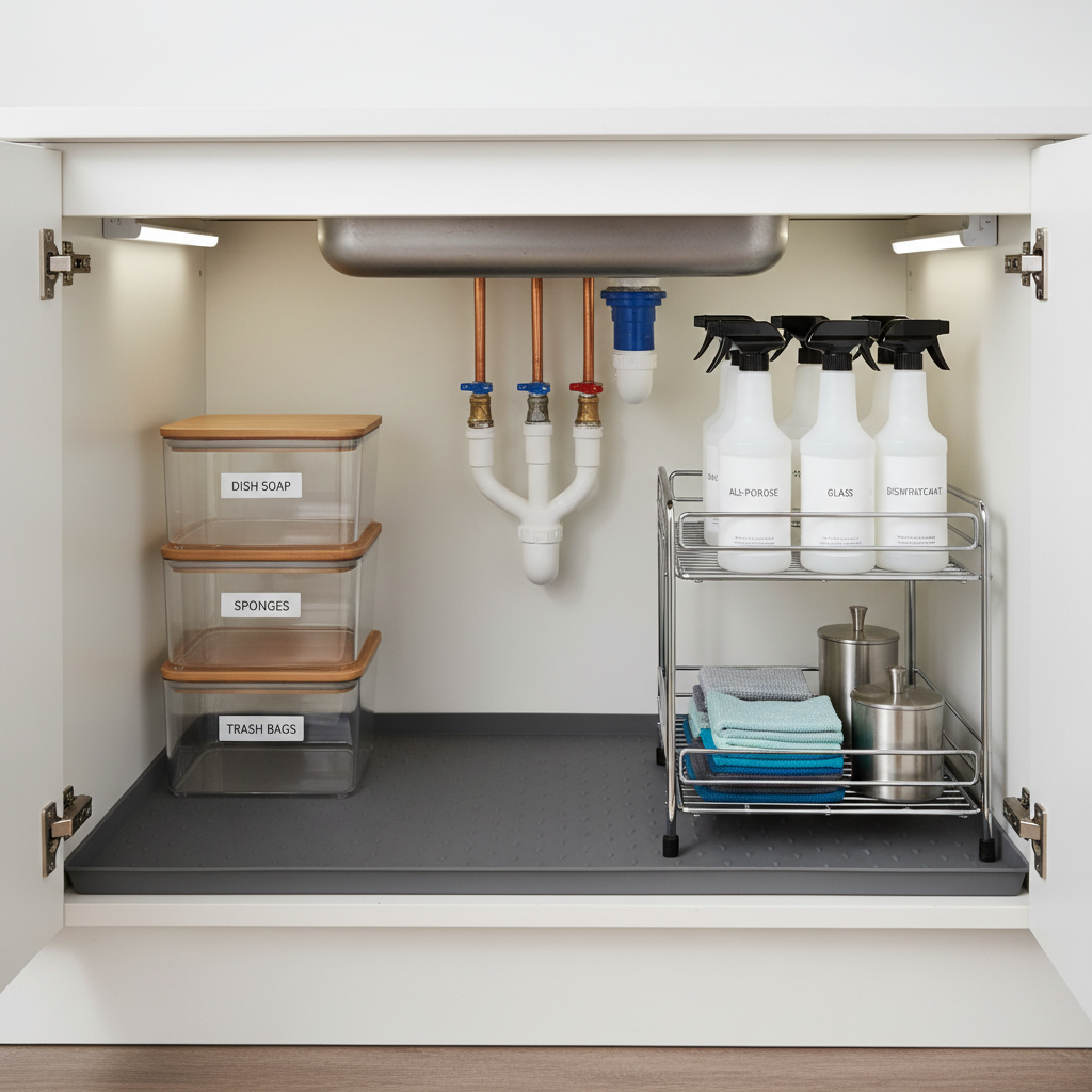 Under sink organizer setup with labeled bins drip tray and easy access to shutoff valves