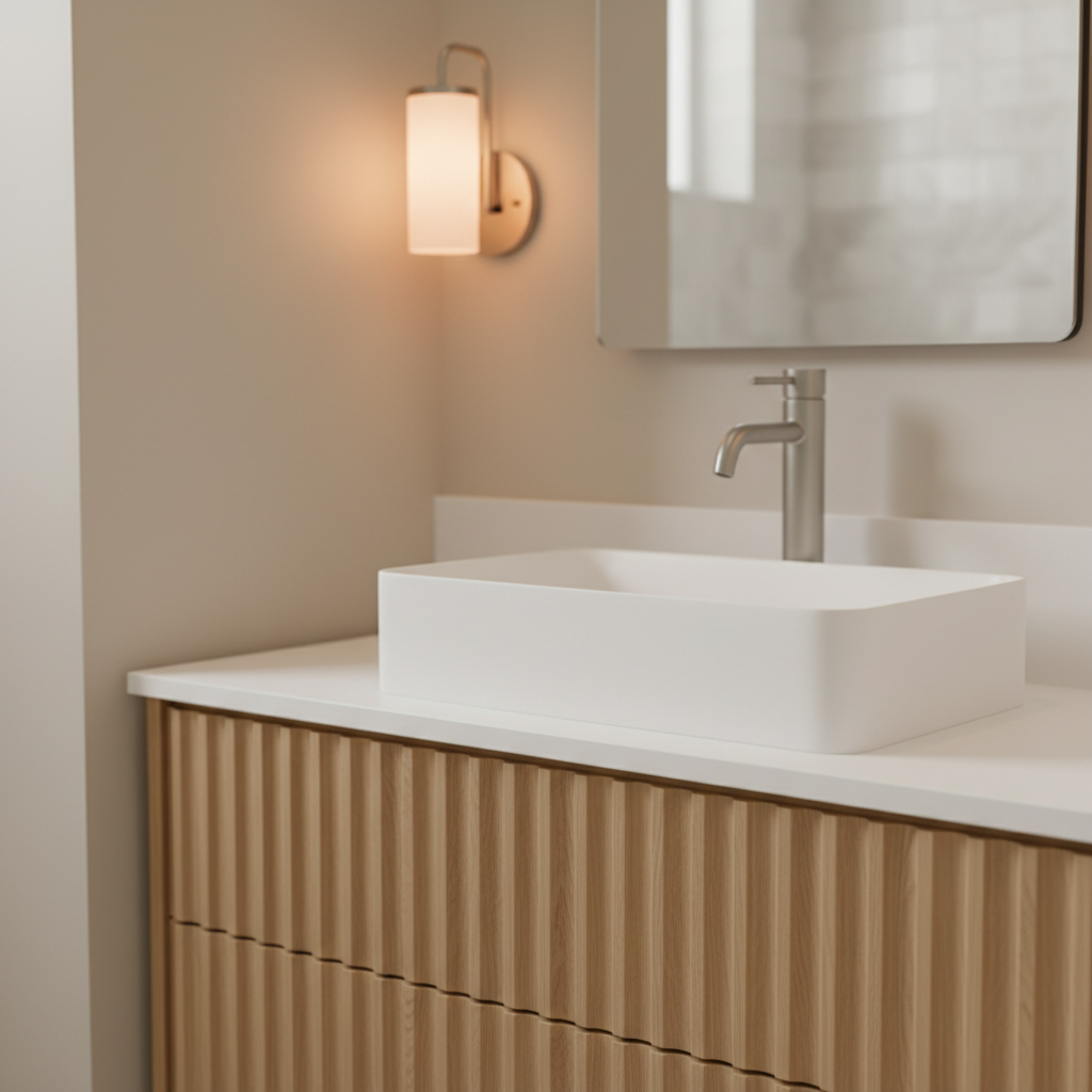 Close-up of brushed nickel faucet, fluted vanity cabinet, and modern wall sconce