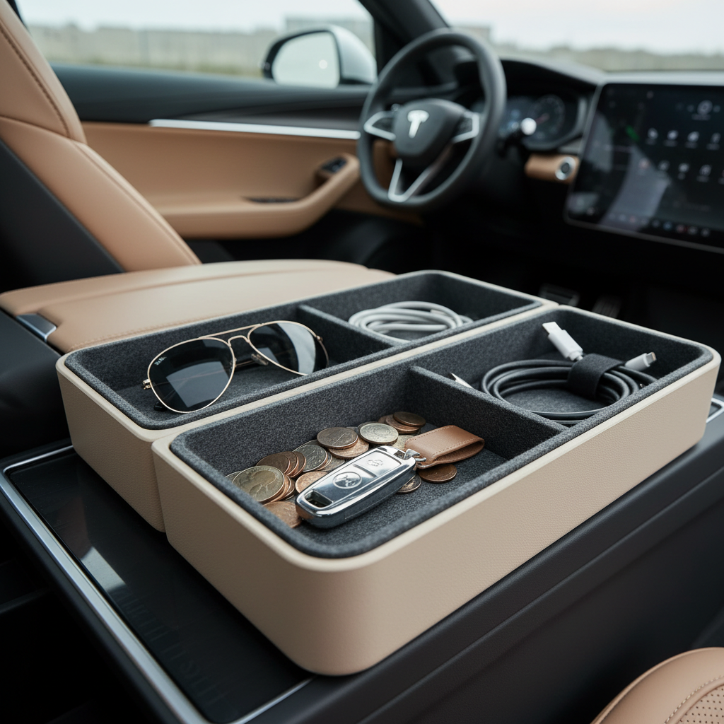 Car center console armrest organizer holding small items like keys, coins, and charging cables