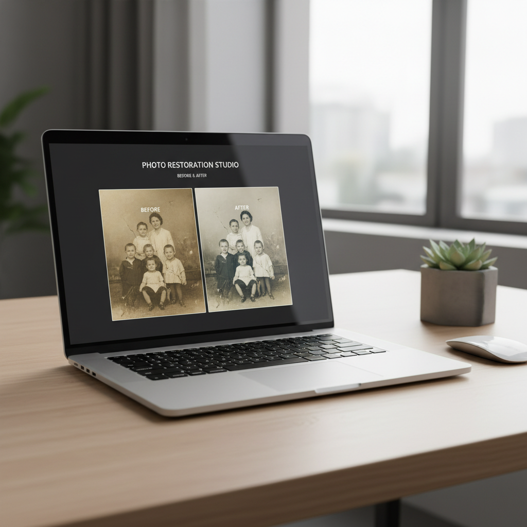 Restoring an old scanned family photo online on a laptop