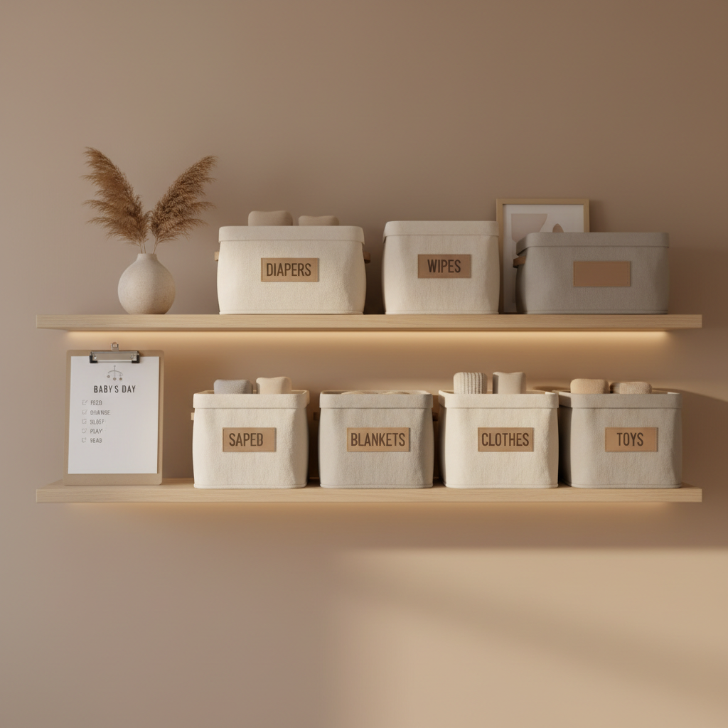Simple nursery organization checklist and labeled bins on a shelf