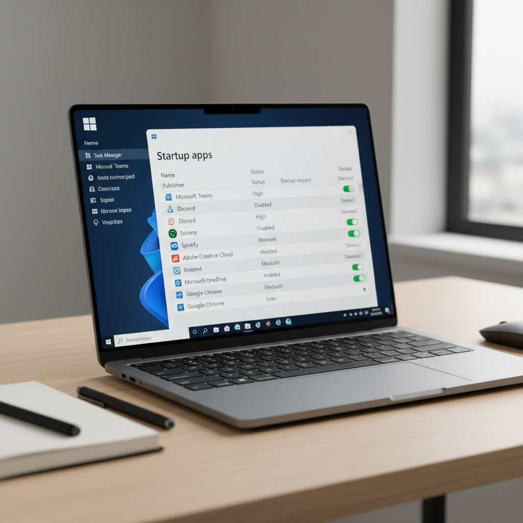 Task Manager Startup apps list showing high impact items disabled to reduce bloatware slowdown
