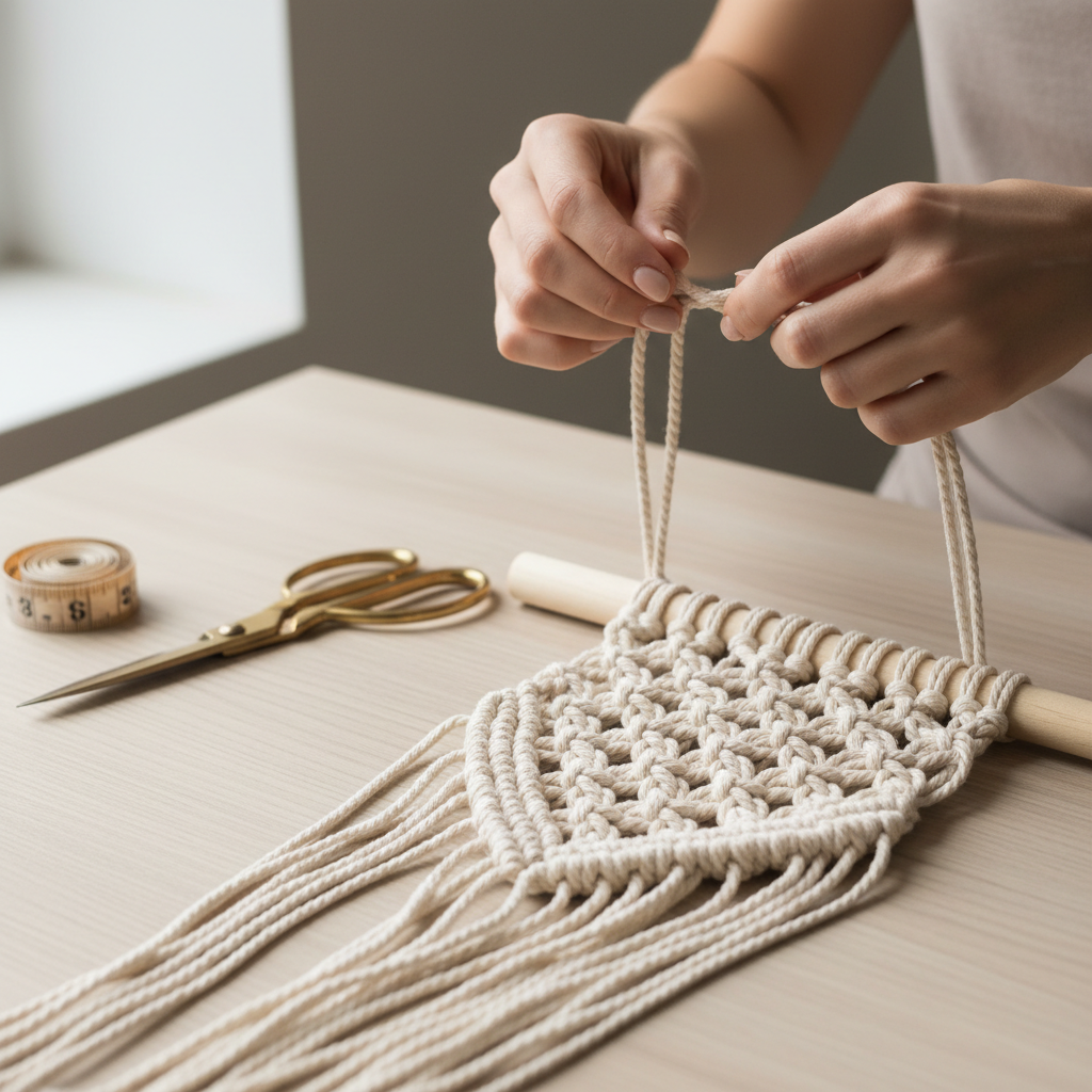 Step-by-step macrame boho wall hanging DIY on a wooden dowel
