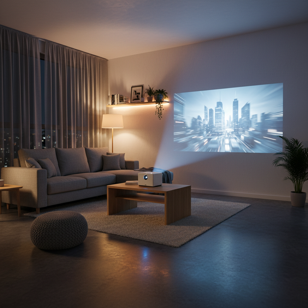 Mini projector setup in a small apartment living room with short throw distance