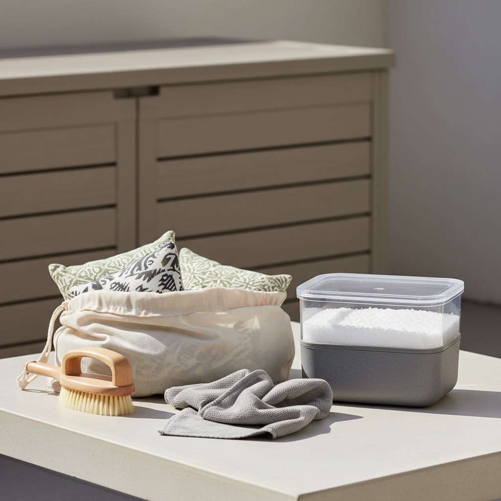 Moisture control items and breathable bags used for outdoor cushion storage