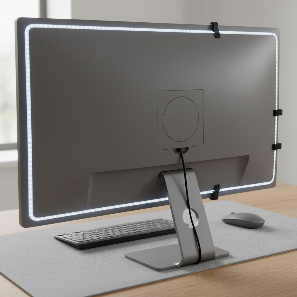 Close-up of LED strip mounted behind monitor with cable clips for clean routing