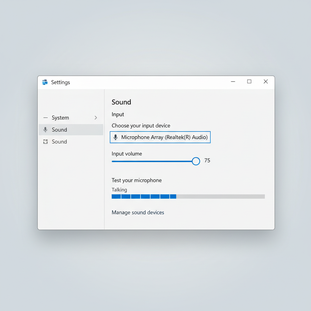 Windows microphone settings showing input volume and selected microphone device