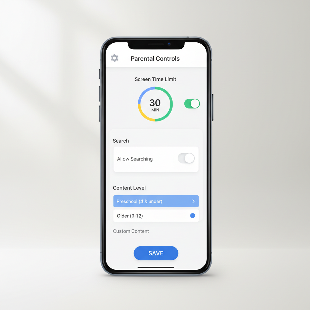 YouTube Kids settings screen with parent controls and timer