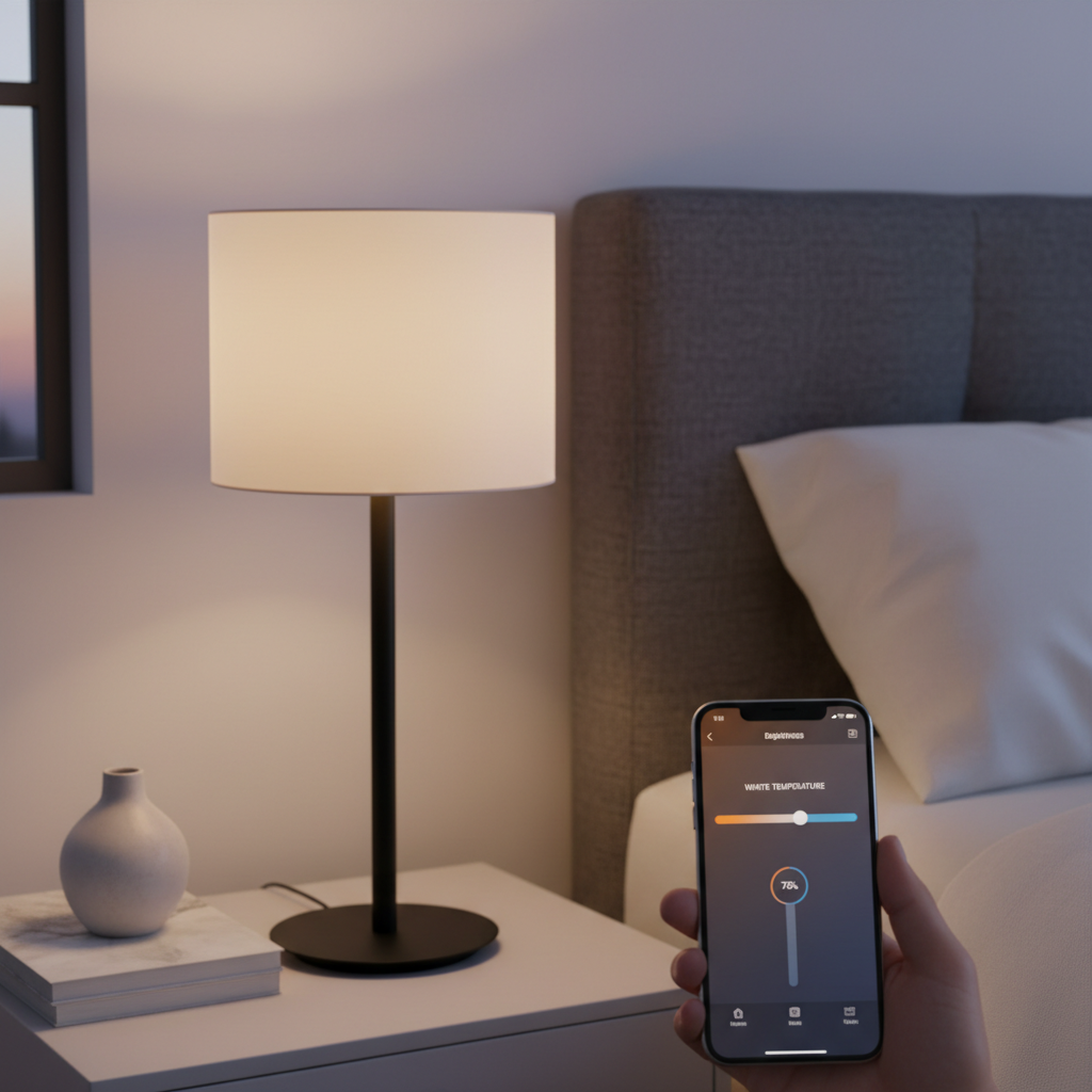 Smart bulb installed in a table lamp with phone app showing warm to cool white control for room lighting