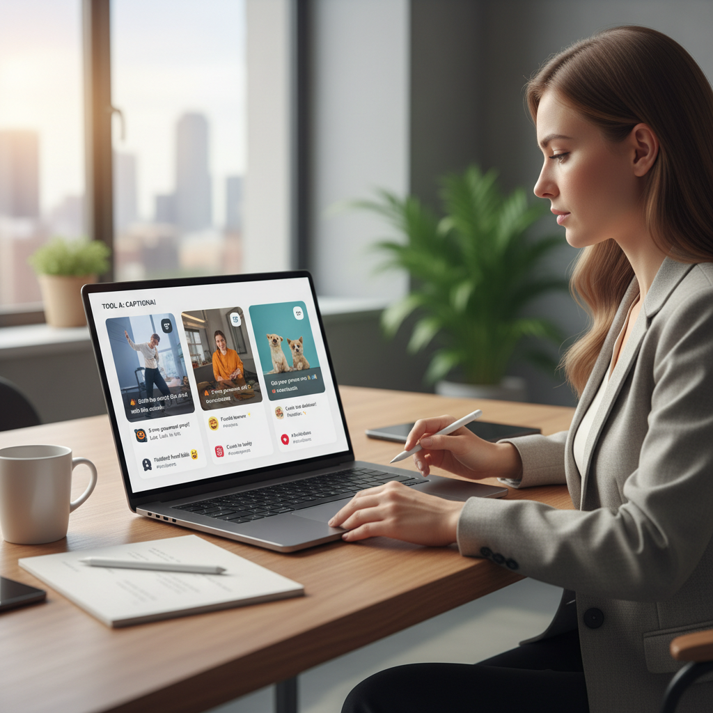 Marketer comparing AI caption generator tools for short-form videos