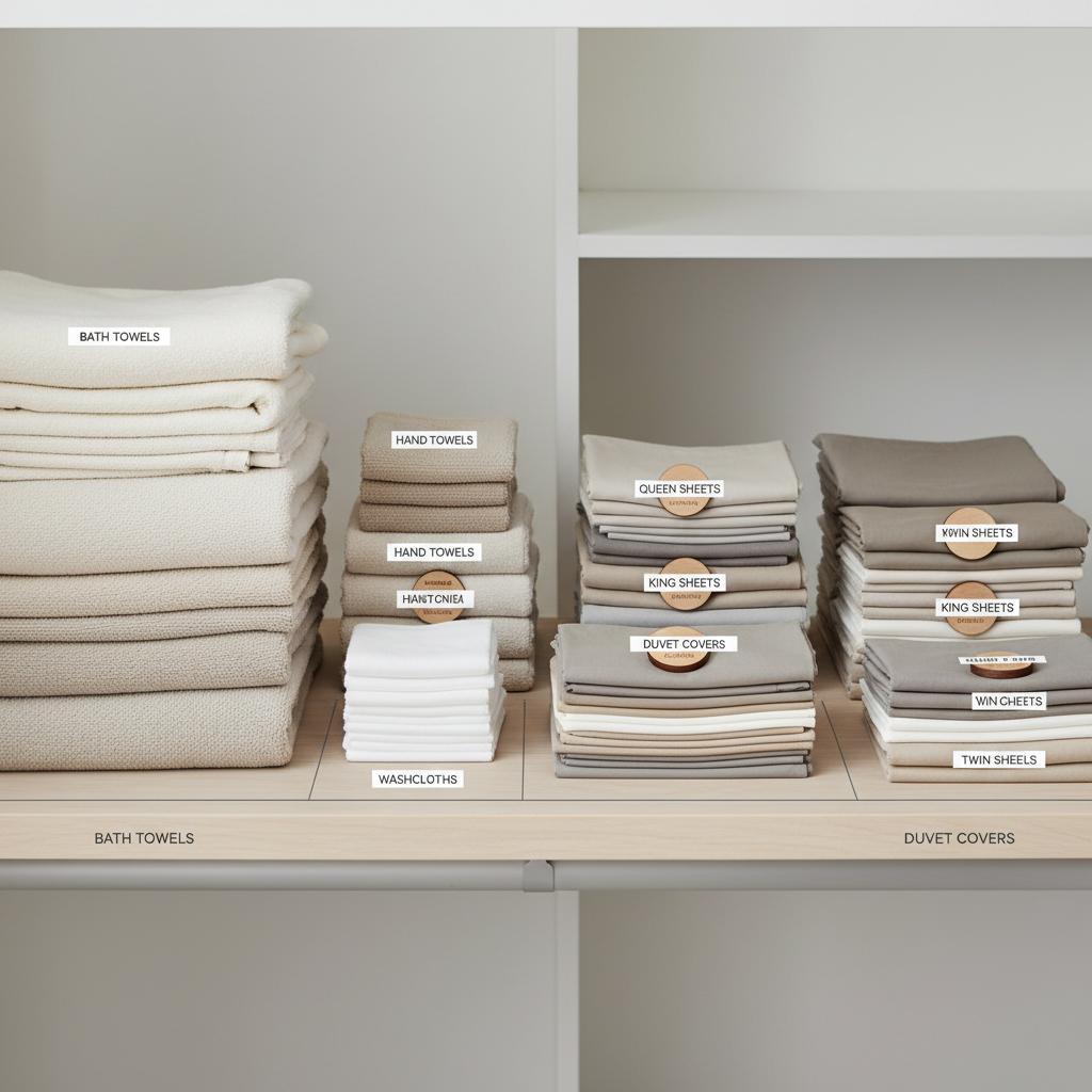 Shelf planning layout showing linen categories and size-based stacks